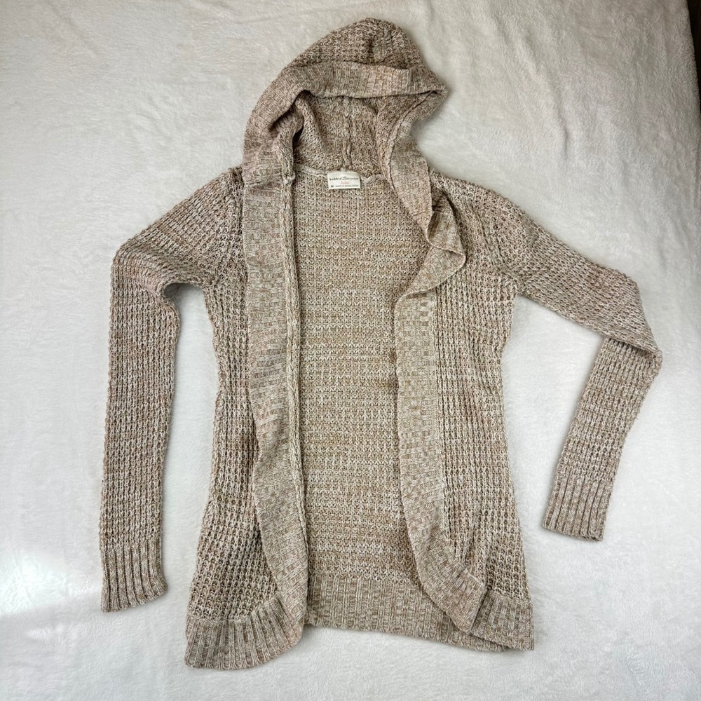 Bobbie Brooks Cardigan Ladies Hooded Open Front M Tan Marled Knit Acrylic VTG